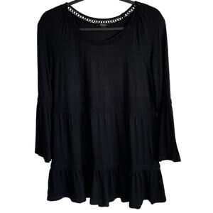 Cupio Tunic Top Tiered Sz M 3/4 Bell Sleeves Crochet Detail Stretch Black Boho